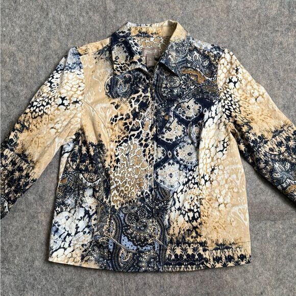 Chico's Jackets & Blazers - Chico's‎ Jacket Women's 1 Beige Black Printed Cotton Stretch Collared Full Zip